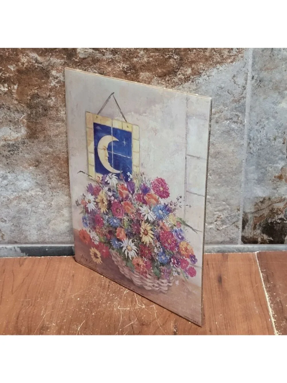 Vintage Unframed Floral Still Life Crescent Moon Art Print 1994 Nardozzi